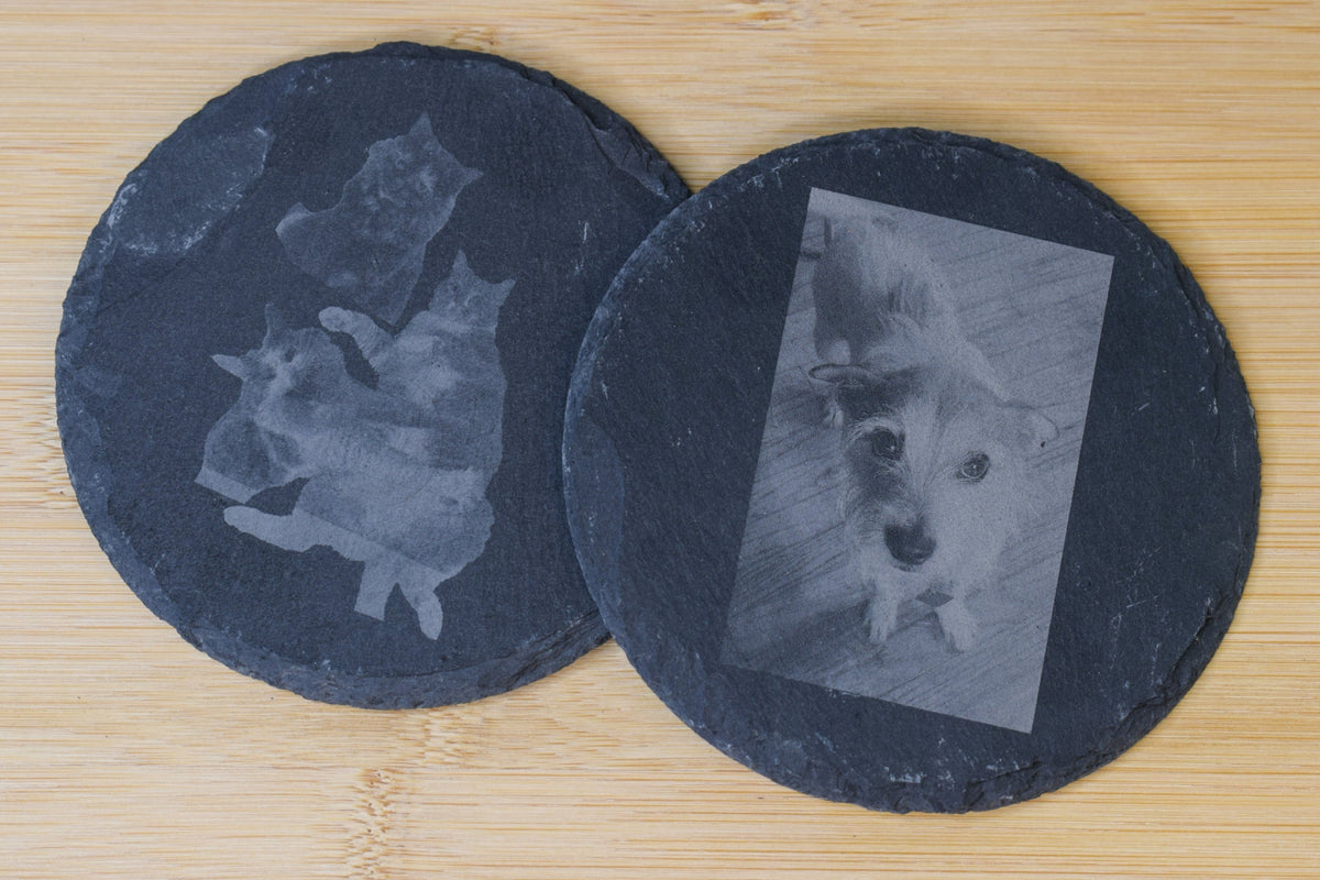An overhead view of two circular slate coasters with images of cats and dogs engraved on top, laying on a wooden surface