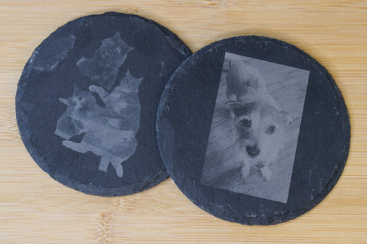An overhead view of two circular slate coasters with images of cats and dogs engraved on top, laying on a wooden surface