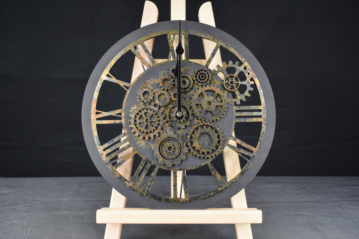 A hand-painted acrylic wall clock with a rusted appearance and Roman numerals, featuring an intricate gear design typical of steampunk aesthetics.