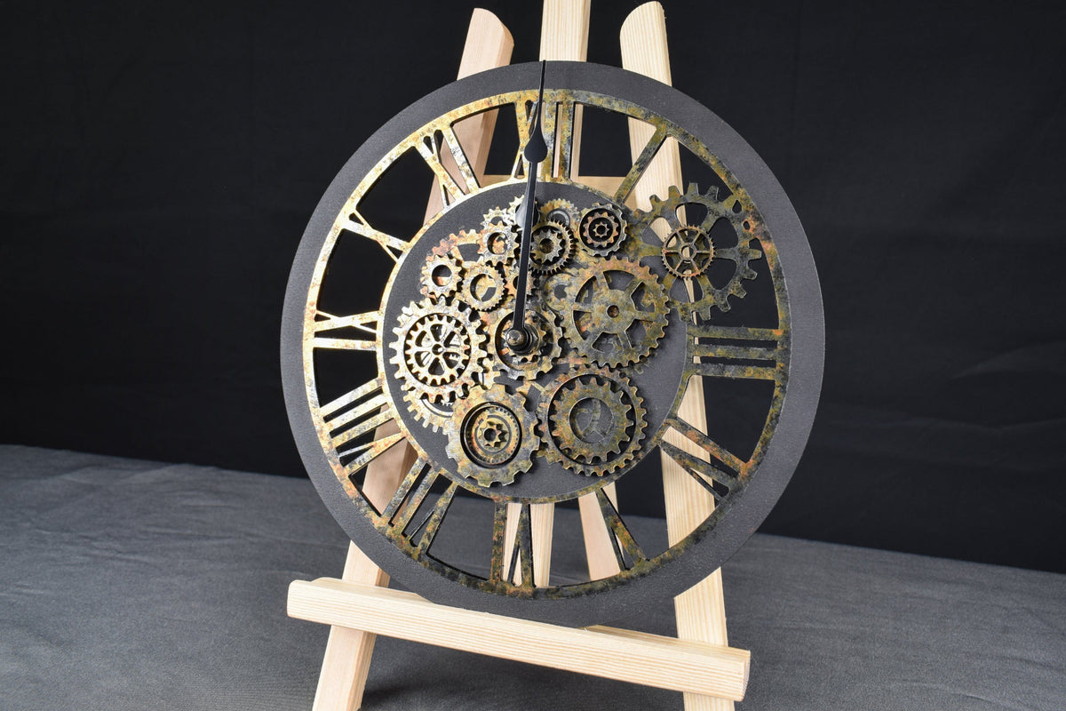 A hand-painted acrylic wall clock with a rusted appearance and Roman numerals, featuring an intricate gear design typical of steampunk aesthetics.