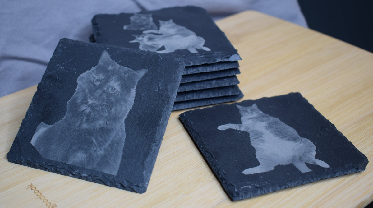 A set of square slate coasters with a black color and a white animal image, displayed on a wooden surface.