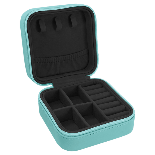 a teal leatherette jewelry box opened to show the black interior