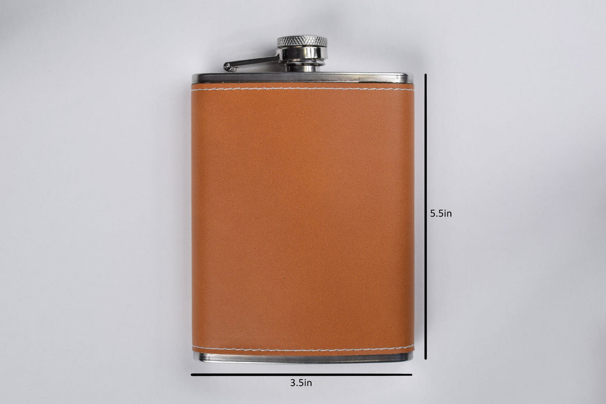 a leather wrapped flask with size indicators against a white background