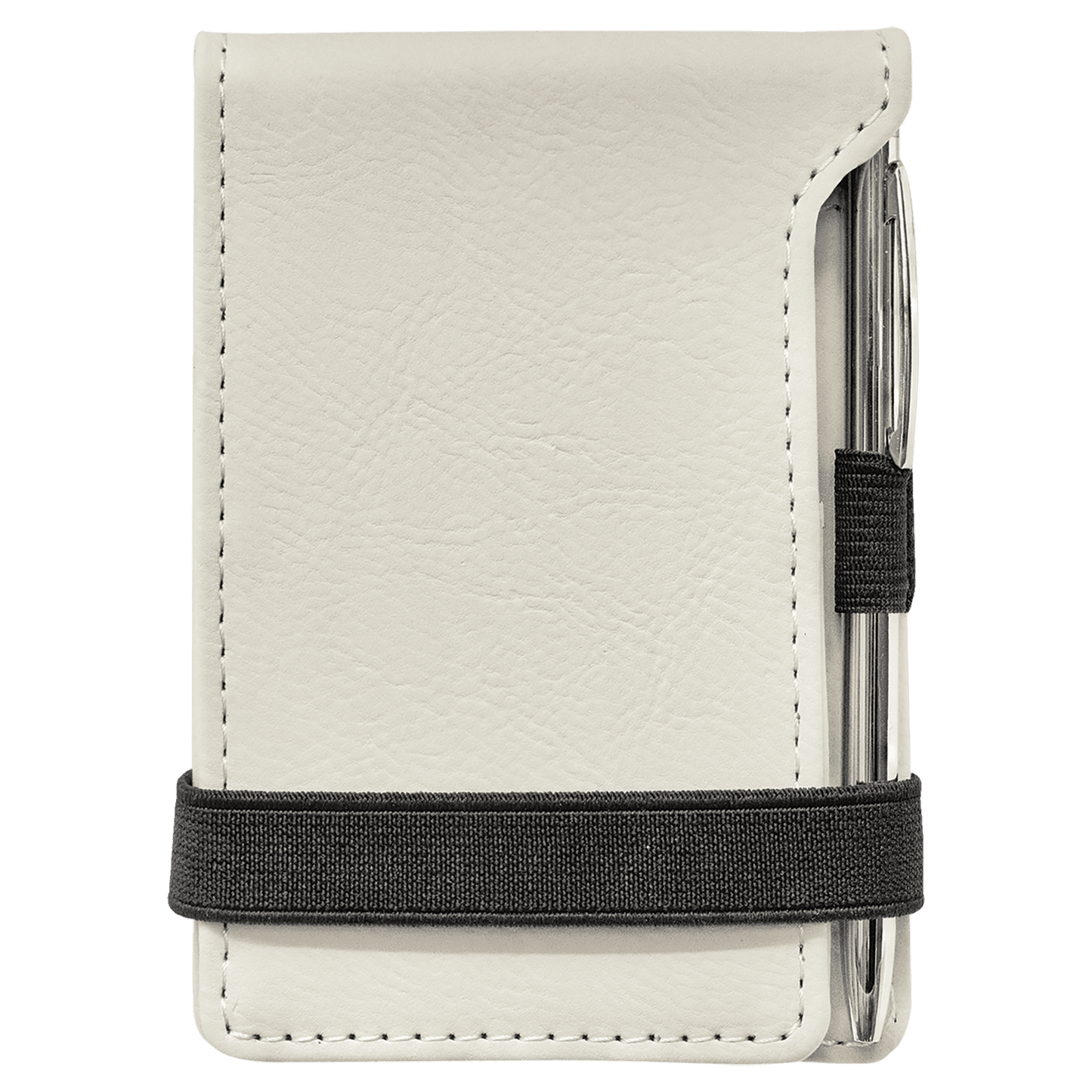 A white synthetic leatherette mini notepad with a pen