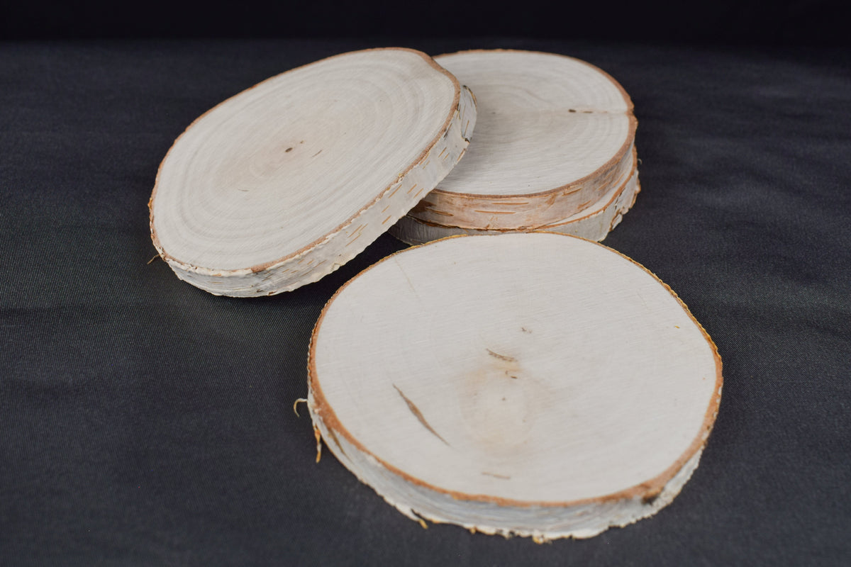 A set of four round birch wooden coasters with a natural grain pattern displayed on a black background.