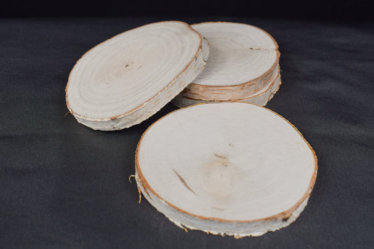 A set of four round birch wooden coasters with a natural grain pattern displayed on a black background.