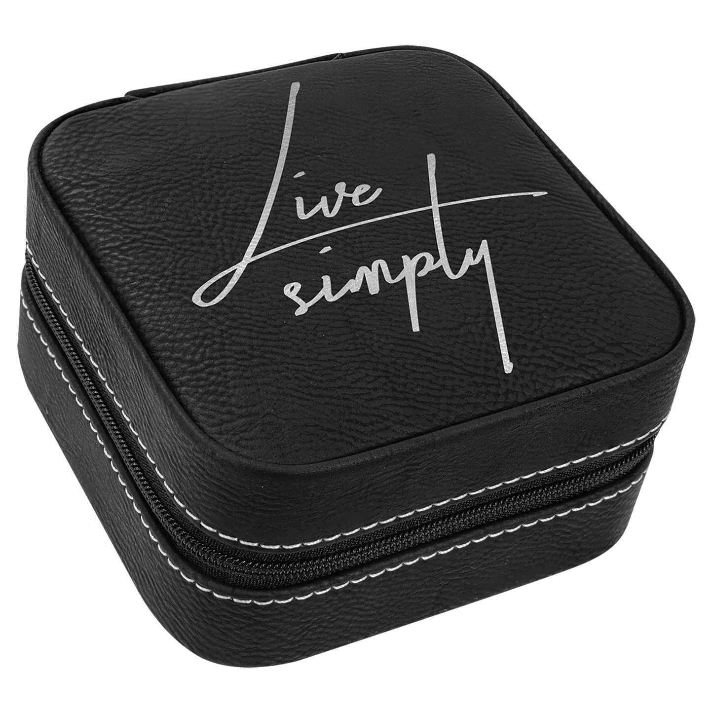 A black travel jewelry box with a silver laser engraving on the lid, with a zipper closure and white stitching around the edges.