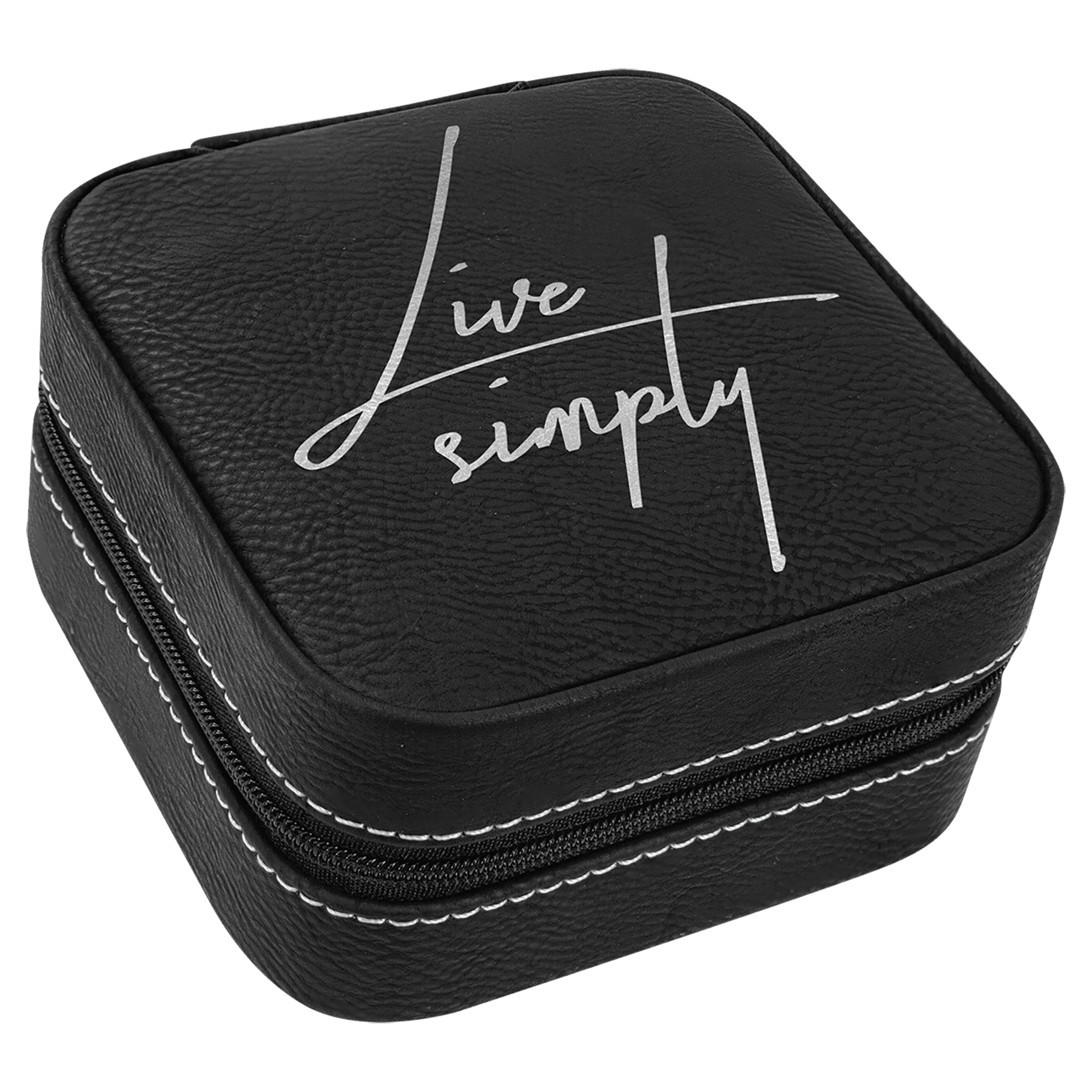 A black travel jewelry box with a silver laser engraving on the lid, with a zipper closure and white stitching around the edges.
