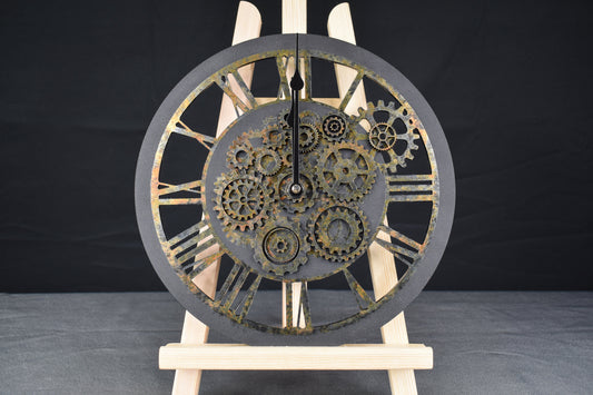 A hand-painted acrylic wall clock with a rusted appearance and Roman numerals, featuring an intricate gear design typical of steampunk aesthetics.