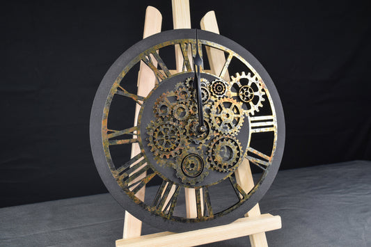 A hand-painted acrylic wall clock with a rusted appearance and Roman numerals, featuring an intricate gear design typical of steampunk aesthetics.