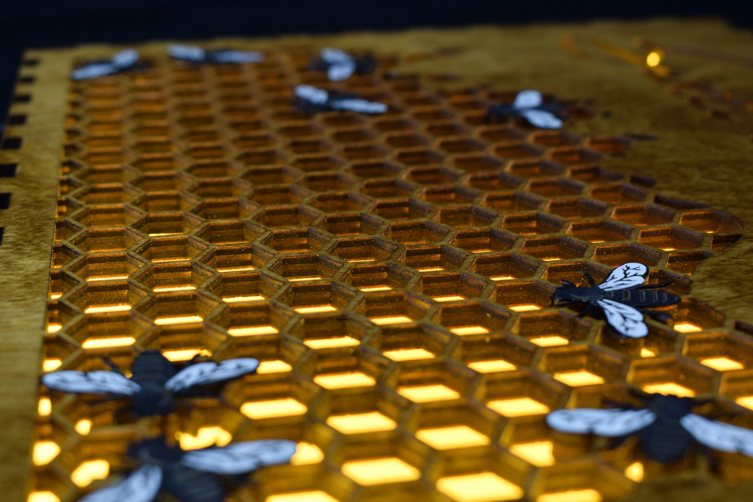 Honeycomb wooden lightbox with bees on a dark background