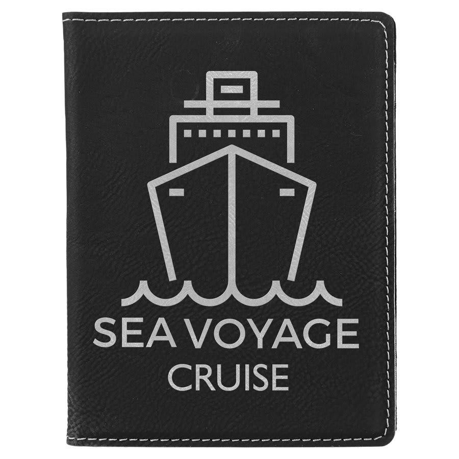 a passport holder made of black leatherette with a silver logo laser engraved on the front