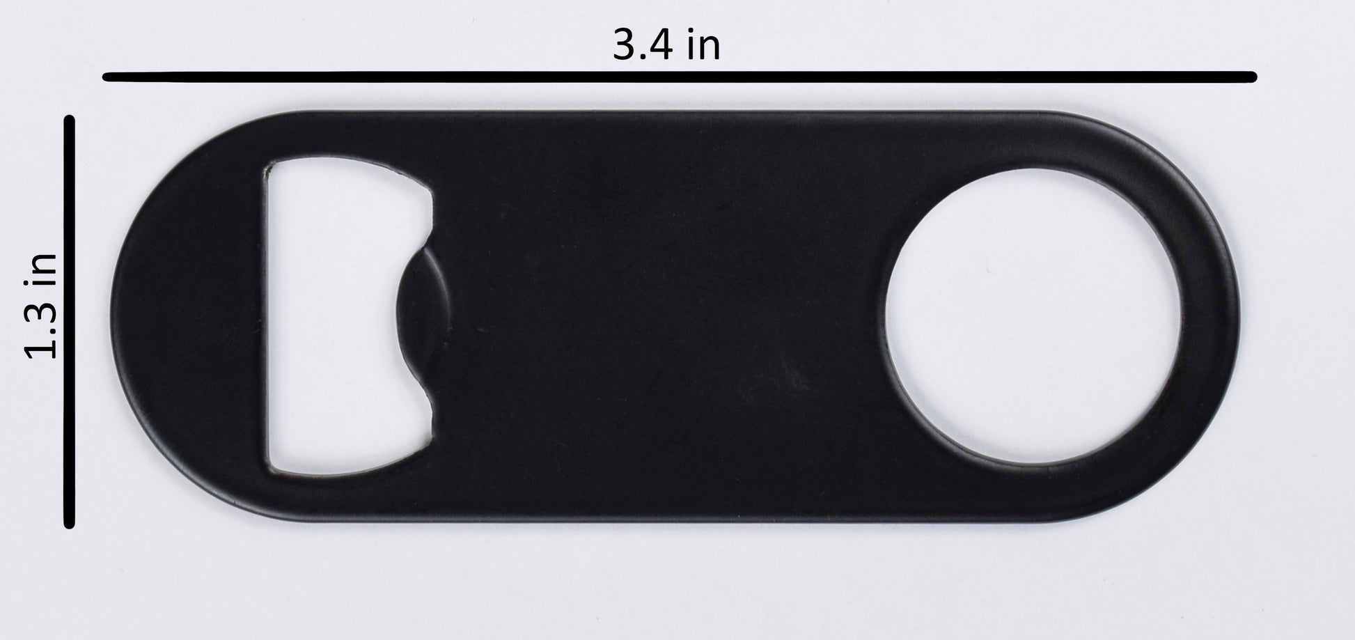 Black bottle opener with measurements on a white background