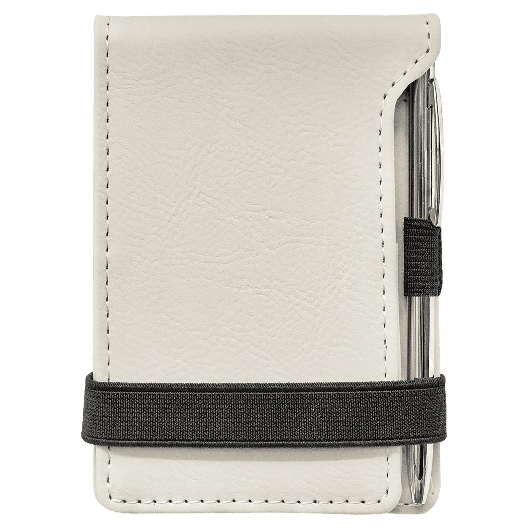 a mini notepad with a white leatherette cover and a silver pen