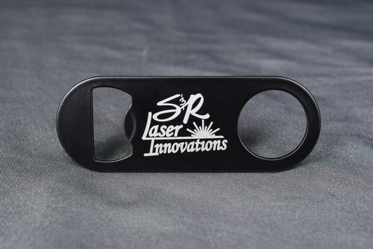 A black stainless steel bottle opener keychain with 'SR Laser Innovations' logo engraved on it.