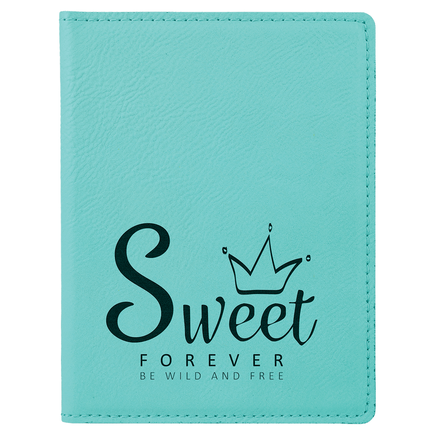 a passport holder made of teal leatherette with a laser engraved logo
