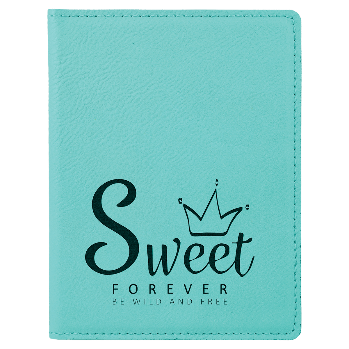 a passport holder made of teal leatherette with a laser engraved logo