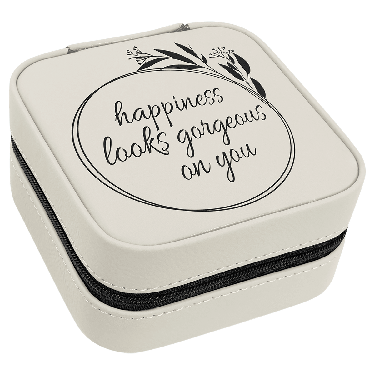 A white travel jewelry box with a laser  engraving that reads 'Happiness looks gorgeous on you' on the top surface.