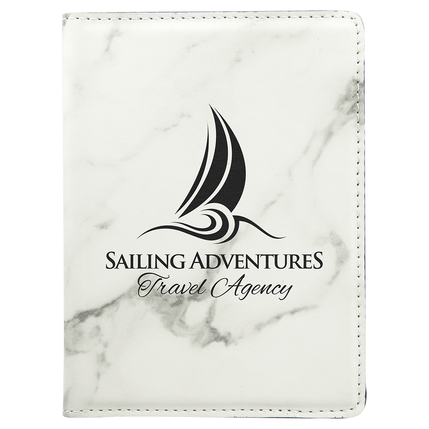 a passport holder made of white marble leatherette with a laser engraved logo