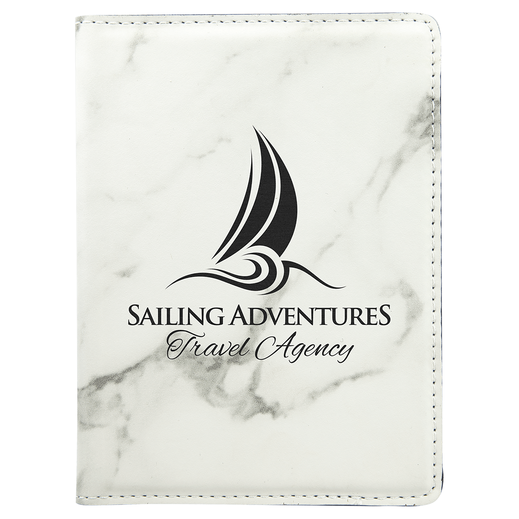 a passport holder made of white marble leatherette with a laser engraved logo